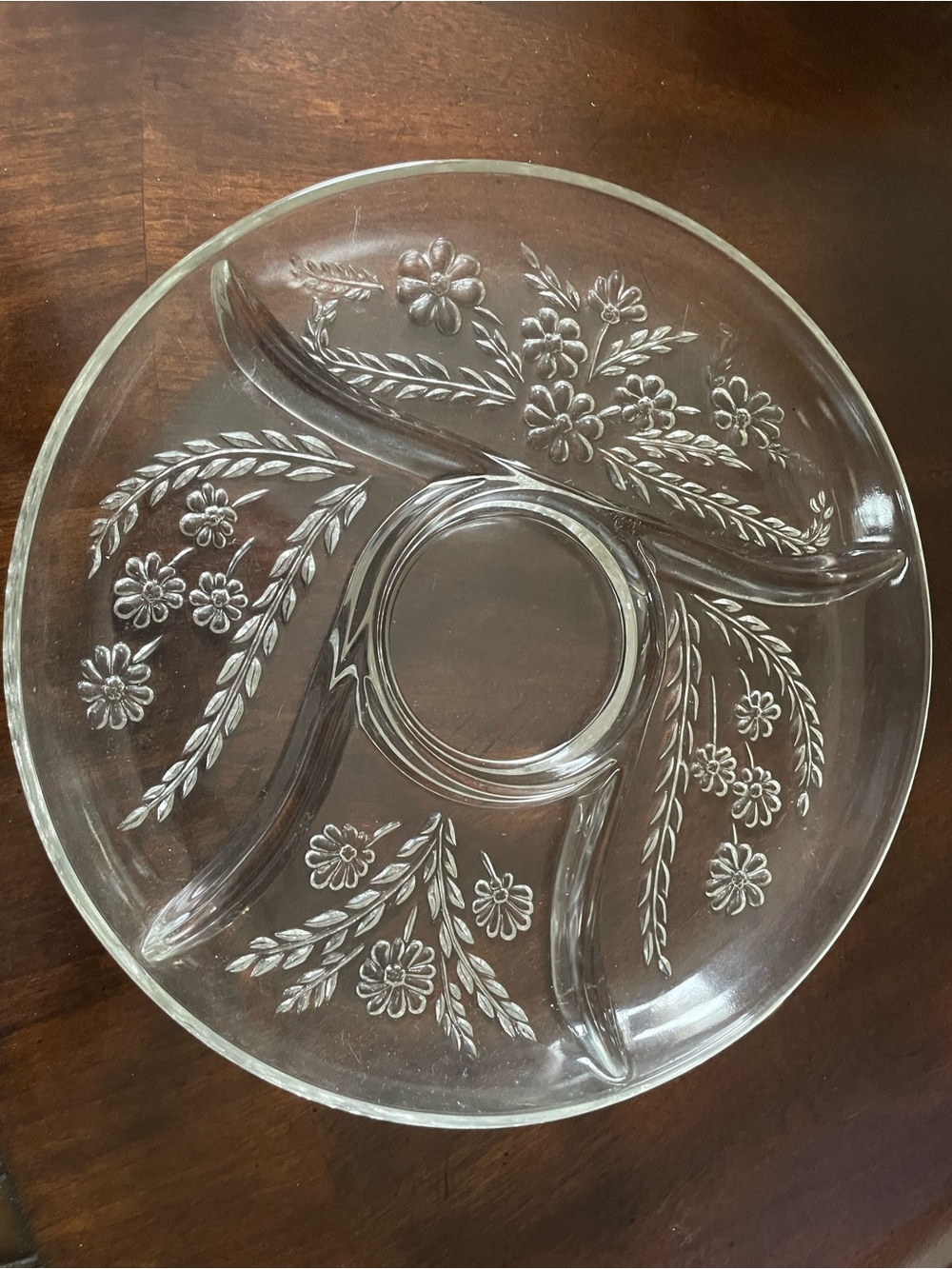 Clear Floral Glass Serving Platter - 11 1/2” Round